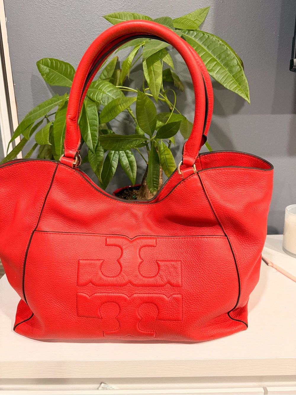 Tory Burch Bright Dark Red Pebbled Leather Tote